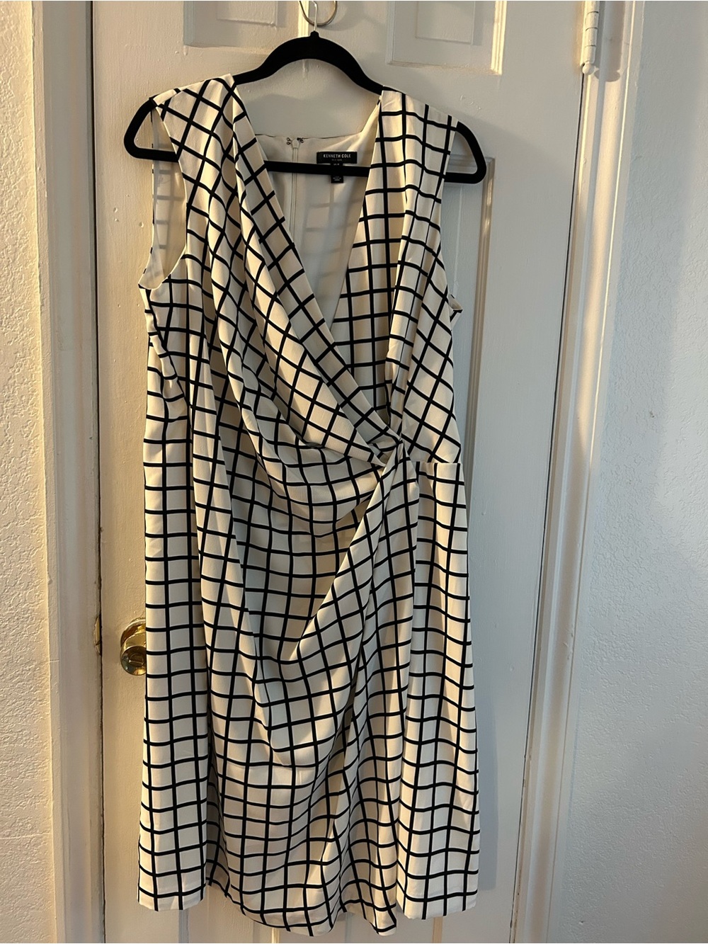 Kenneth Cole Black & White Grid Midi Faux Wrap Dress